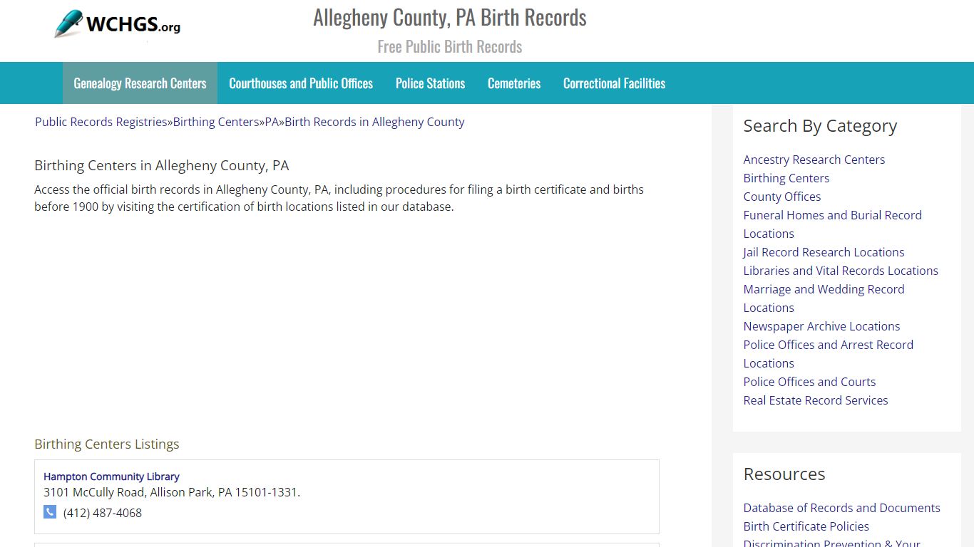 Allegheny County, PA Birth Records - Free Public Birth Records - WCHGS.org